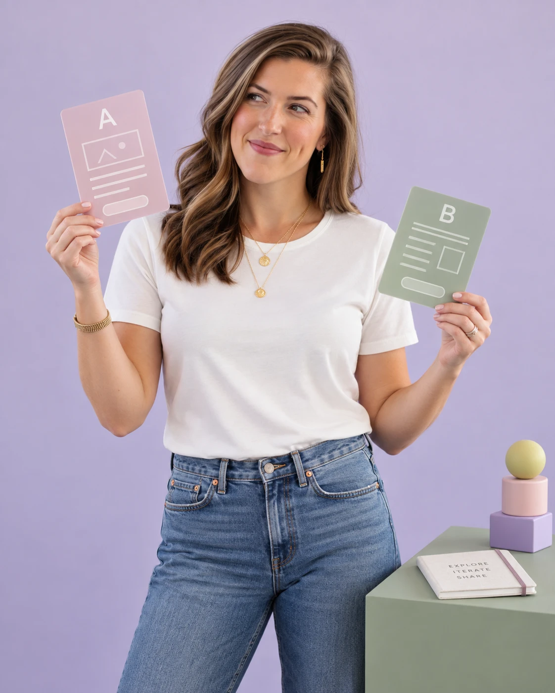 Kate holding two A/B test cards